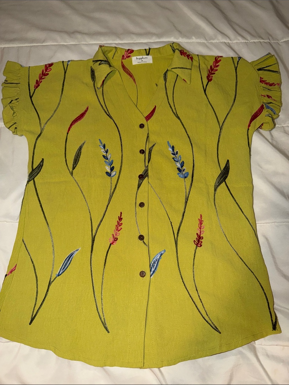 Embroidered Button-Front Blouse — Chartreuse Floral